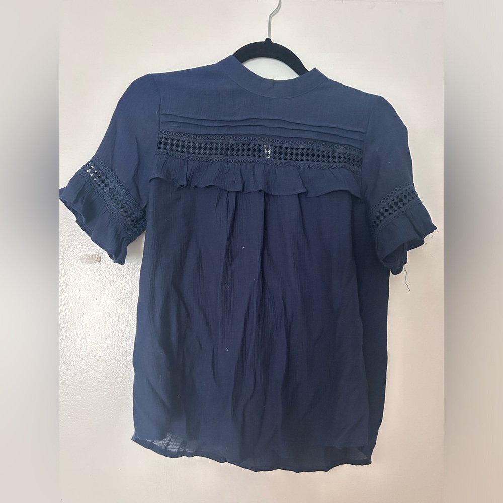 Navy blue blouse high neck with puff sleeves